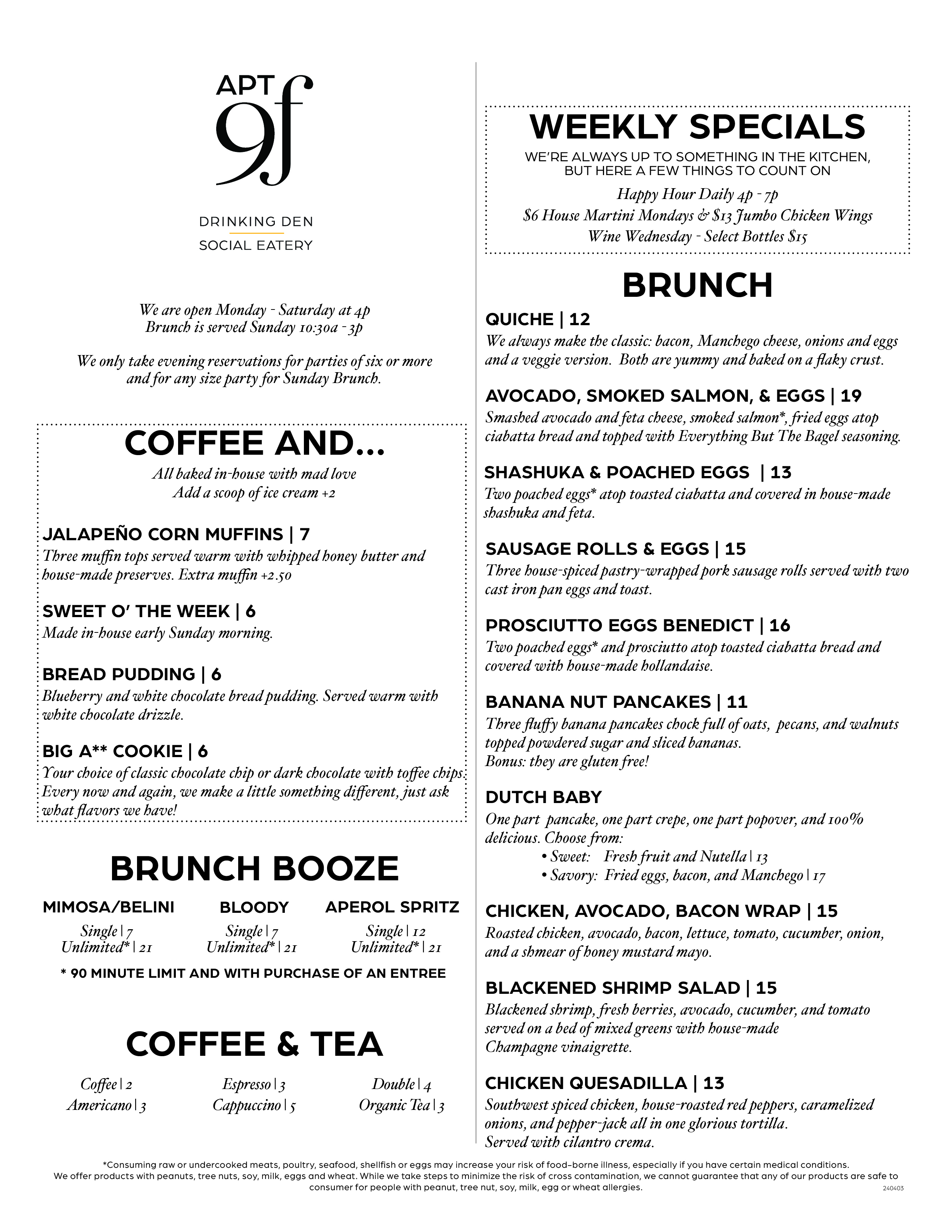 Apt 9F Bruch Menu